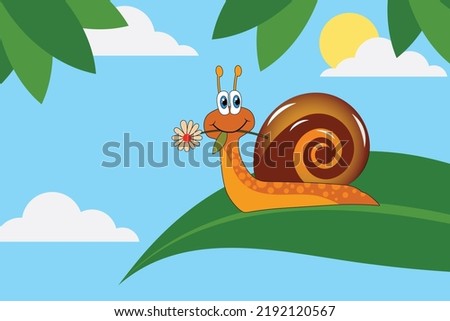 Cute cartoon snail with flower. Vector illustration of animal on the blue spring and summer background.