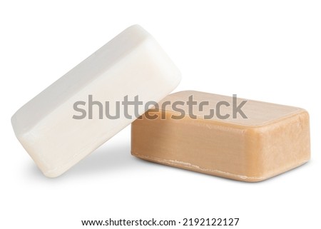 Soap bar. Two antibacterial soap bars for wash hand and body. Homemade  natural organic soap. Aromatic cosmetic for bath of bathtub. Clean skin. Good for bathroom, toilet. White  isolated background. Royalty-Free Stock Photo #2192122127
