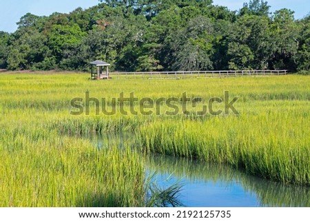 Boathouse and pier in a tidal marsh, showing water at high tide and spartina, or cord grass; copy space. Royalty-Free Stock Photo #2192125735