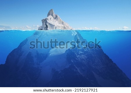 Beautiful iceberg with a hidden mountain in the sea with a view underwater. Hidden danger, concept. Tip of the iceberg. Creative idea. Blue color. Royalty-Free Stock Photo #2192127921