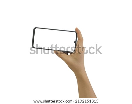 Male hand holding mobile smartphone with blank screen isolated on white background. clipping path include