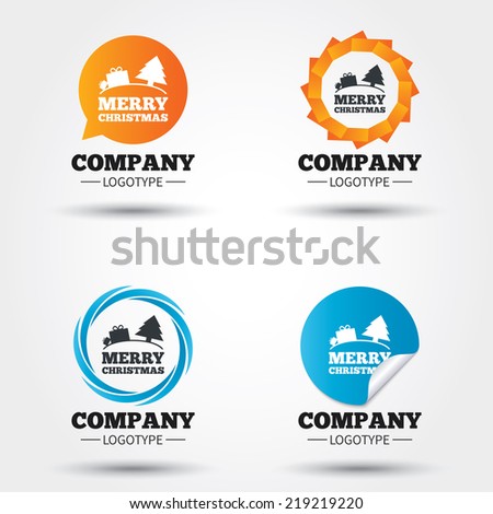 Merry christmas gift sign icon. Present and tree symbol. Business abstract circle logos. Icon in speech bubble, wreath. Vector
