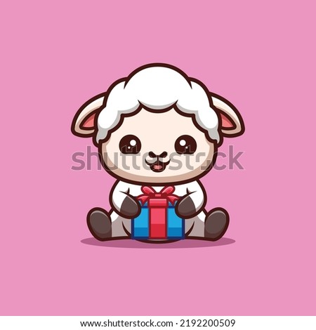 Sheep Sitting Gift Box Cute Creative Kawaii Cartoon Mascot Logo