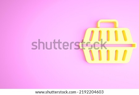 Yellow Pet carry case icon isolated on pink background. Carrier for animals, dog and cat. Container for animals. Animal transport box. Minimalism concept. 3d illustration 3D render.