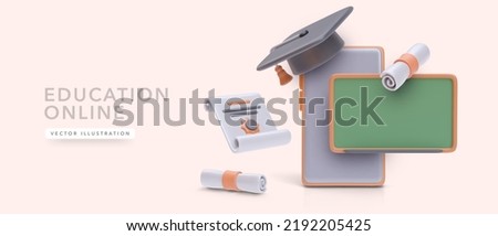 Concept banner for online education service in 3d realistic style. Vector illustration