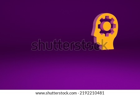 Orange Human head with gear inside icon isolated on purple background. Artificial intelligence. Thinking brain. Symbol work of brain. Minimalism concept. 3d illustration 3D render.