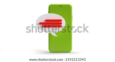 Green Smart mobile phone with online red dialog speech bubbles coming off device screen, 3D rendered flat lay. Chat conversation balloon template. White background with clipping path and copy space