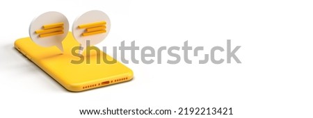 Yellow Smart mobile phone with online dialog speech bubbles coming off device screen, 3D rendered flat lay. Chat conversation balloon template. White background with clipping path and copy space