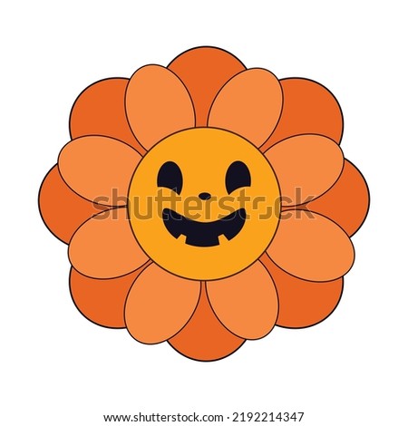 Spooky retro daisy flower orange pumpkin style with scary funny face. Groovy retro y2k Halloween clip art design element, t shirt print