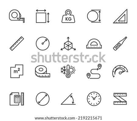Vector set of measuring line icons. Contains icons area, measuring tape, radius, diameter, axis, weight, speed, temperature and more. Pixel perfect.