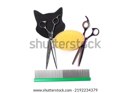 Set of different combs and brushes for grooming pets on a white background with shadow reflection. A creative cat figurine made from grooming tools.
