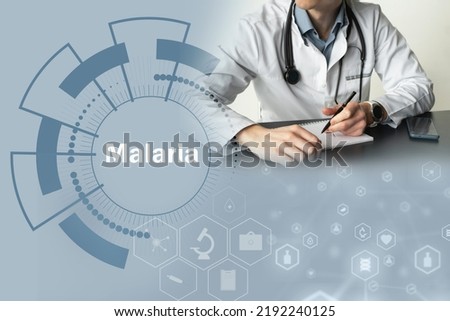 Doctor makes a diagnosis of malaria on a blue white background, medicine