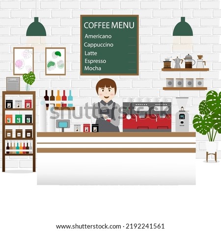 Cozy and relaxing coffee shop interior with people.Barista inside modern cafe.Colored flat vector illustration of coffeeshop