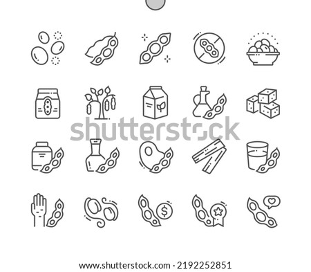Soy products. Vegan food. Natural meat substitutes. Soy free. Menu for cafe. Pixel Perfect Vector Thin Line Icons. Simple Minimal Pictogram Royalty-Free Stock Photo #2192252851