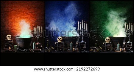 Scary old skull and candles on ancient gothic fireplace. Halloween, witchcraft and magic concept. Set collage.