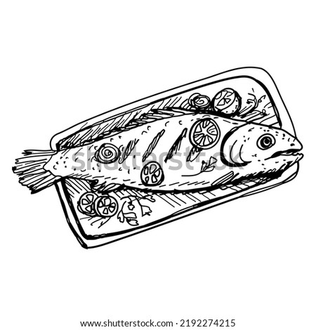 Cooked fish on a rectangular plate - hand drawn vector illustration. Sketch of a dish with fried or baked fish with lemon slices