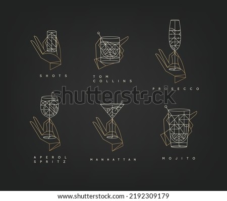 Set of hand holding drink glasses aperol spritz, shot, tom collins, manhattan, mojito, prosecco in art deco style on black background.