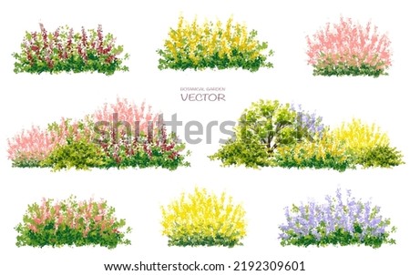 Vector watercolor blooming flower tree side view isolated on white background for landscape and architecture drawing, elements for environment or and garden,botanical elements for section 