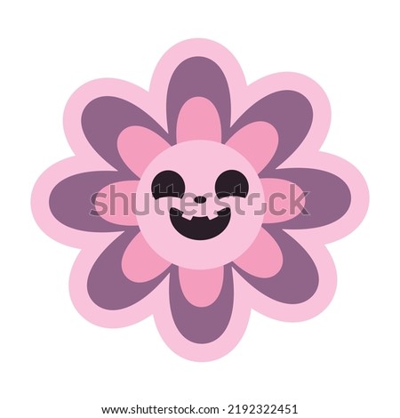 Spooky retro daisy flower with carved pumpkin style face with smile, scary funny emotion. Groovy retro y2k Halloween clip art design element, t shirt print.
