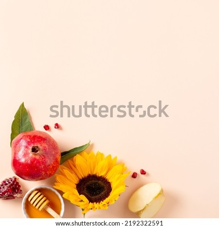 Border with honey, apple, pomegranate and flowers on neutral bright background, Rosh Hashanah frame background, copy space