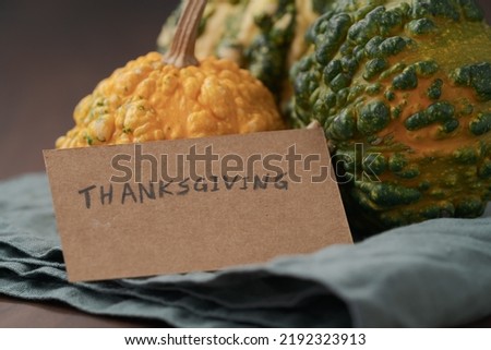 warty pumpkins with thanksgiving card closeup, shallow focus