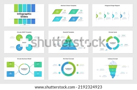 Set of infographic presentation slides - pyramid and circular pie charts, iceberg layered graph, progress bar, SWOT chart. Minimal flat vector illustration for business information visualization.
