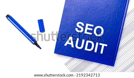 On a white background reports, a blue pen and a blue notebook with the text SEO AUDIT. Business concept. Banner