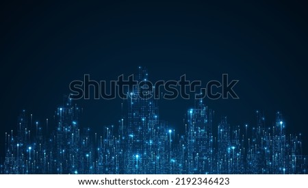 Cityscape on dark blue background with bright glowing neon. Technology city background Royalty-Free Stock Photo #2192346423