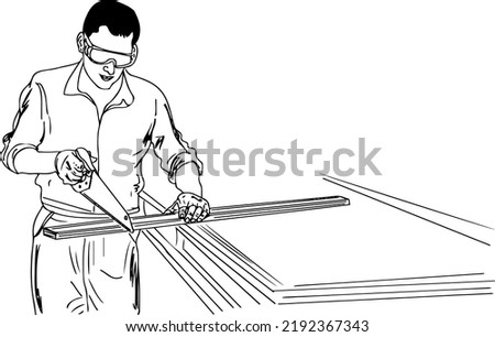 Carpenter man cartoon drawing, Wood carpenter sketch drawing, Carpenter line art vector silhouette, Carpenter cutting wood stock image