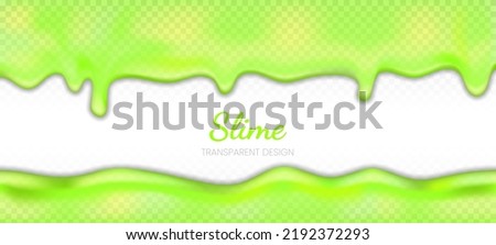 Neon green drip oozing slime backdrop. Flowing green sticky liquid. Molten paint drips and flows. Vector illustration with toxic drop on horizontal border background for web site banner.
