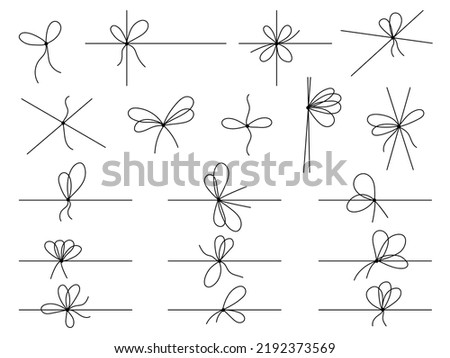 Simple line bows on ribbon. Bow on string set, lines and corners decoration design. Bowknot for package or letter, planner diary decent vector dividers Royalty-Free Stock Photo #2192373569