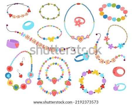 Plastic kids beads. Diy beading 00s accessories, braid bracelet and making necklace with letters. 90s style jewelry design, fashion children decent vector set Royalty-Free Stock Photo #2192373573