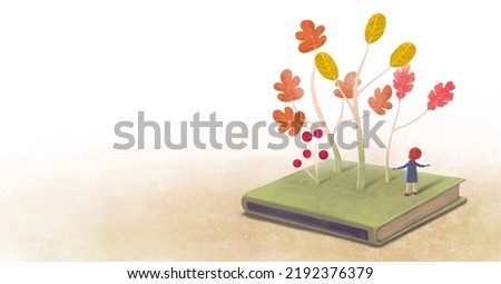 A boy and a book of Autumn tree. Concept idea art of education, imagination, inspiration, creative, and nature, conceptual artwork. 3d illustration. leaves