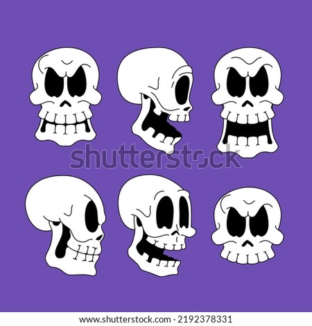 Halloween cartoon skulls set in retro style. Vector illustration in trendy comic design.