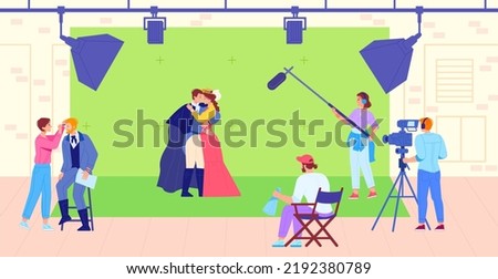 Historical movie. Filmmaking medieval film adaptation, actor role in history romantic scene love drama, hollywood cinema production studio video concept, swanky vector illustration of filmmaker Royalty-Free Stock Photo #2192380789