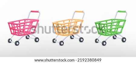 3d supermarket trolley. Render trolly cart empty hypermarket pushcart, isolated plasticine plastic wheel trolleys delivery gift shop ecommerce consumerism, tidy vector illustration of shop buy cart Royalty-Free Stock Photo #2192380849