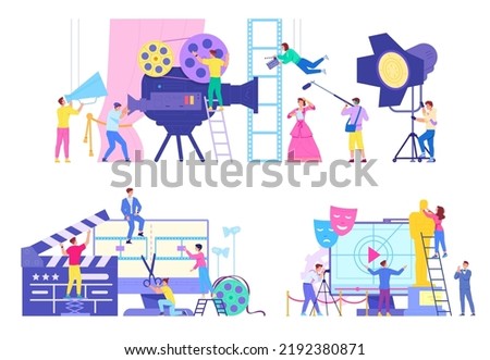 Filming team concept. Cinema production staff, making movie crew and film industry watch tv entertainment, cinematography shooting process cine maker, swanky vector illustration of movie cinema team Royalty-Free Stock Photo #2192380871