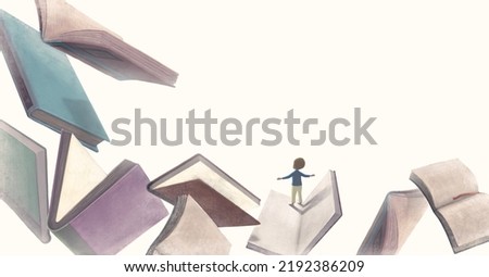 A boy and surreal book, cConcept idea art of education, child, kid, and imagination. Conceptual artwork. painting 3d illustration. 