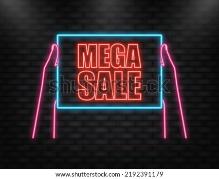 Hand holding signboard with text - Mega sale. Man showing billboard banner. Vector illustration.