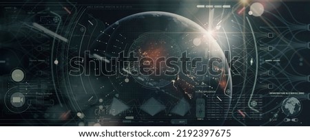 HUD ui futuristic user interface.3d global world map and business data charts. Digital screen of head up display dashboard panel, blue holograms of circular diagram, statistic graphs. Royalty-Free Stock Photo #2192397675