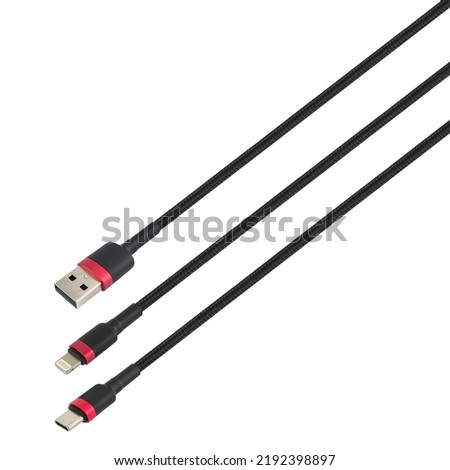 Cable with USB, Type-C and Lightning connector, on white background