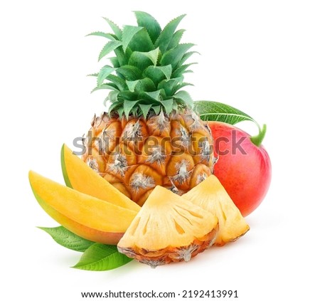 Isolated tropical fruits. Red mango and pineapple, whole and slices isolated on white background Royalty-Free Stock Photo #2192413991