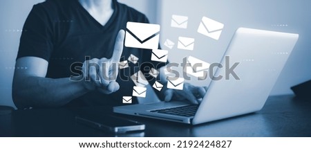 Businessman hand touch  communication icons, letter icon, email icons, and newsletter email and protect your personal information or spam mail, Customer service call center contact.