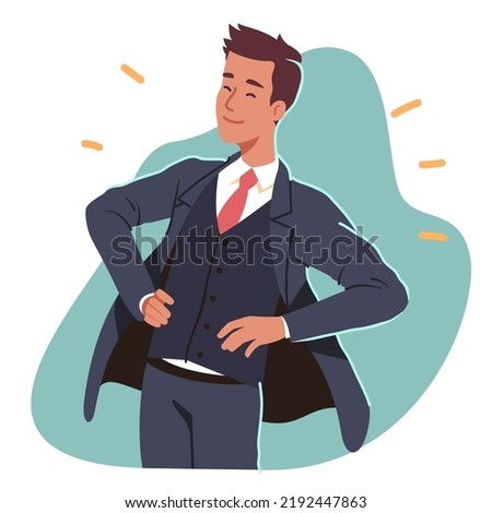 Proud leader business man standing with hands on hips. Confident successful executive manager businessman person character having career achievement. Leadership, win concept flat vector illustration Royalty-Free Stock Photo #2192447863