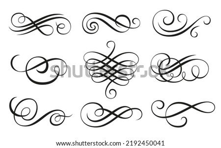 Vintage swirl ornament linear flourishes set. Filigree calligraphic ornamental curls. Decorative retro design elements for menu, certificate diploma, wedding invatation card, outline text divider