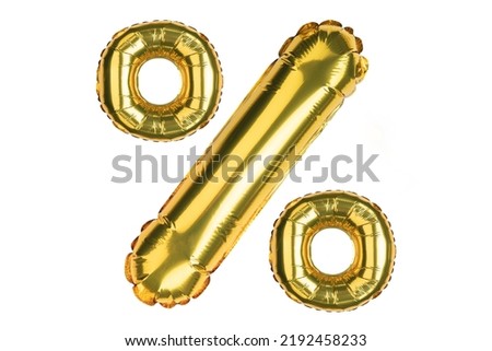 Percent % balloons. Sale, Clearance, discount. Yellow Gold foil helium balloon. Word good for store, shop, shopping mall. English Alphabet Letters. Isolated white background. High quality photo. Royalty-Free Stock Photo #2192458233