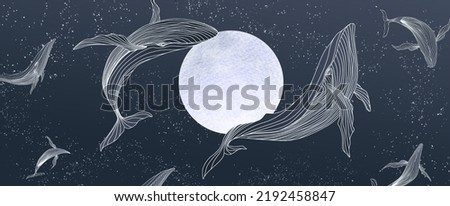 Art background in blue color with an illustration of whales on the background of the moon in line style. Hand drawn vector banner for wallpaper design, textile, print, invitations. Royalty-Free Stock Photo #2192458847
