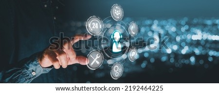 Technical support customer service concept, Person hand touching VR screen support customer icon, Technology internet concept, it support, call center and customer service help. Royalty-Free Stock Photo #2192464225