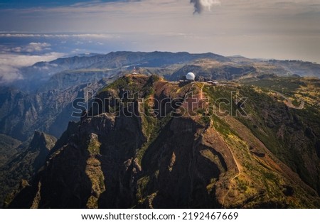 Mountain trail Pico do Arieiro, Madeira Island, Portugal. October 2021. Aerial drone picture