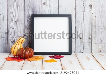 Autumn still life with pumpkins and colorful foliage. Frame against a white wooden wall. Bright hues. Space for text.